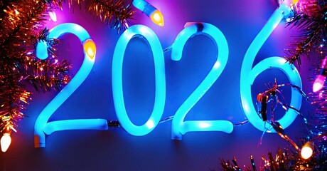 Bright neon digits display year 2026. Festive lights surround numbers, creating vibrant holiday atmosphere. Dark background emphasizes glow.