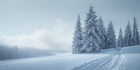 Fototapeta premium Snow-covered evergreen wood against cloudy sky, emphasizing seasonal change and winter landscape, Earth Day