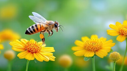 A honey bee flies over bright yellow flowers in a sunny garden, with a blurred green background.