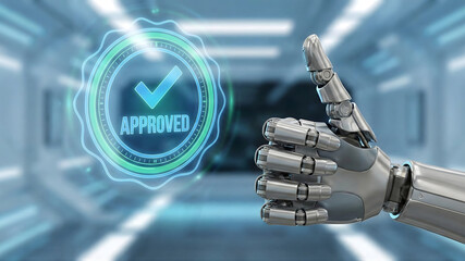A metallic robotic arm gives a thumbs-up gesture next to a glowing, futuristic hologram seal with the word "APPROVED" and a checkmark, indicating quality and success.