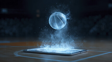 Abstract Basketball Sphere Above Digital Court Projection on Tablet
