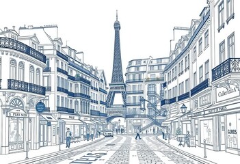 Intricate line drawing of Parisian street scene, featuring iconic buildings and charming details, urban, tourism