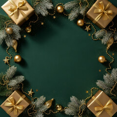 Elegant Christmas background with a central dark green copy space area framed by festive elements like pine boughs, golden ornaments, and wrapped gifts tied with gold ribbon. Perfect holiday template.