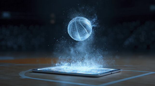 Abstract Basketball Sphere Above Digital Court Projection on Tablet - Powered by Adobe