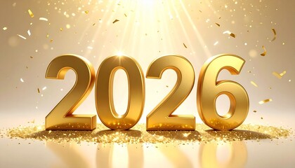 Golden glittering “2026” text centered on festive background with radiant light effects and floating confetti, evoking celebratory atmosphere and symbolic arrival of New Year or milestone moment.