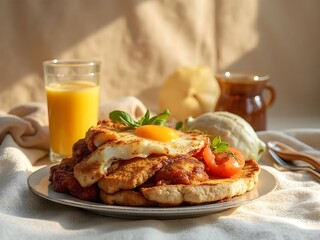 Gourmet Breakfast Plate with Fried Egg, Toasted Bread, and Fresh Orange Juice in Warm Morning Light