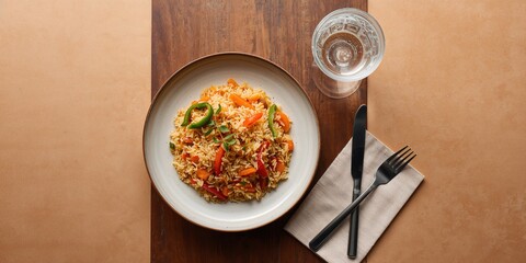 Rice with vegetables on a plate, water glass, emphasizing healthy balanced dinner, nutrition awareness day