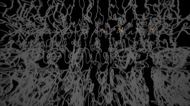 Abstract falling ribbons in wave effect with flowing yellow energy burst. Grey striped lines on black background