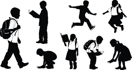 Children silhouette, reading, walking, crouching, jumping, playful kids, educational activity, black vector, sc