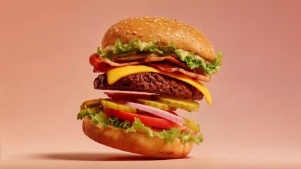 Stacked gourmet burger presented in warm studio light creating a mouthwatering food scene ideal for culinary advertising storytelling and high impact promotional video content