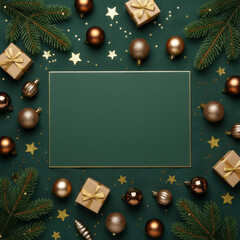 Elegant Christmas background with a central dark green copy space area framed by festive elements like pine boughs, golden ornaments, and wrapped gifts tied with gold ribbon. Perfect holiday template.