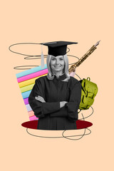 Trend template sketch design photo collage of aged woman master success intelligent knowledge academic study education pile book bag pen
