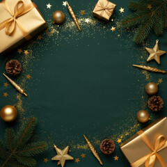 Elegant Christmas background with a central dark green copy space area framed by festive elements like pine boughs, golden ornaments, and wrapped gifts tied with gold ribbon. Perfect holiday template.