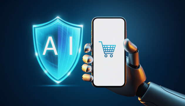 AI Enhanced Shopping Experience: A futuristic depiction of secure online shopping, featuring an AI-powered shield protecting a smartphone displaying a shopping cart icon.