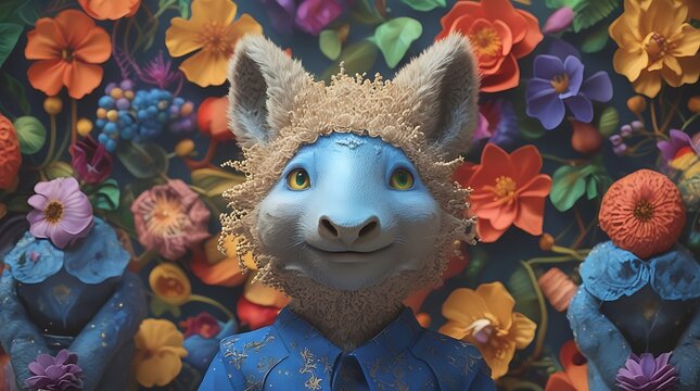 A whimsical blue anthropomorphic fox character wearing a fuzzy hat against a vibrant, colorful floral background - Powered by Adobe