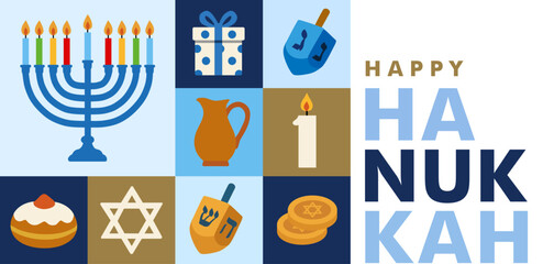 Happy Hanukkah Jewish Holiday greeting card with menorah, dreidel and star. Hanukkah Sameach web banner vector design with typography, gelt and sufganiyot