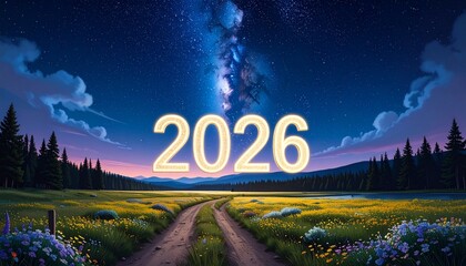 Scenic nighttime landscape with white “2026” text and comet arc over starry sky and Milky Way, grassy field with campfire and people, lit cabin, mountain backdrop, evoking serene future aspirations.