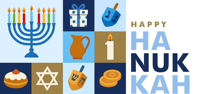 Happy Hanukkah Jewish Holiday greeting card with menorah, dreidel and star. Hanukkah Sameach web banner vector design with typography, gelt and sufganiyot - Powered by Adobe