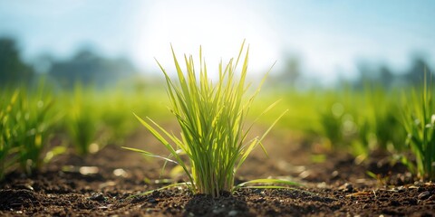 Fototapeta premium Riceberry rice seedlings in Thailand, emphasizing agricultural cultivation practices