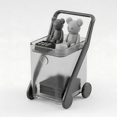 Two Bearbrick Figures in a Transparent Toy Shopping Cart.