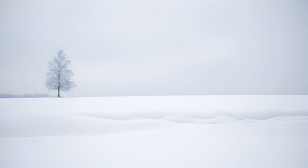 Solitary tree in a snow covered field on a cold winter day