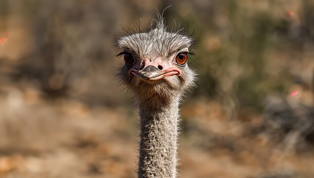 An ostrich gazing directly at the viewer, showcasing curiosity
