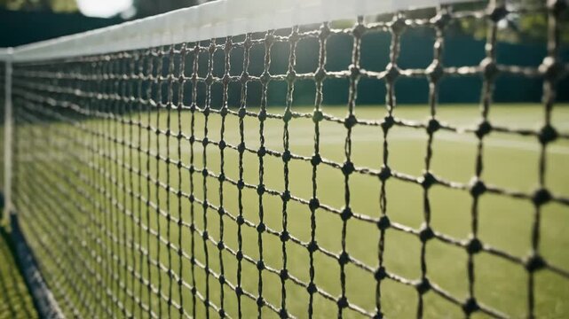 A Tennis Court Scene with Sunshine and a Focus on the Net's Texture and Composition