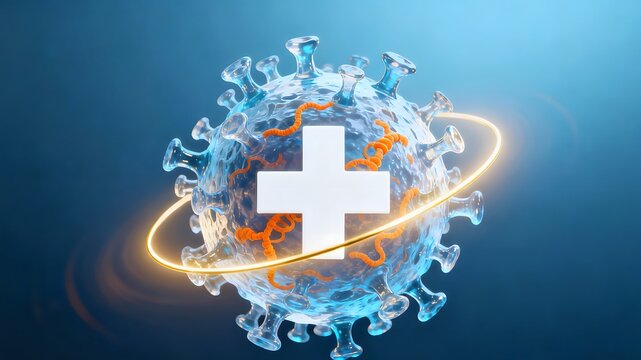 Virus with Medical Cross and DNA Strand in a Sci-Fi Healthcare Illustration, Virology Research and Medical Technology Concept