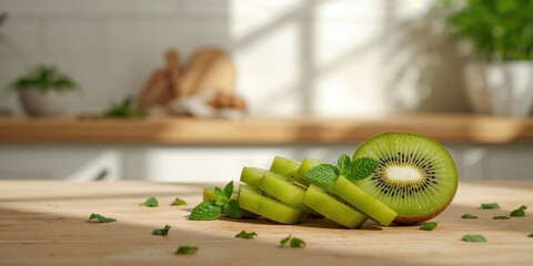 Green ripe kiwi sliced during dessert assembly, emphasizing fresh fruit texture for culinary presentation
