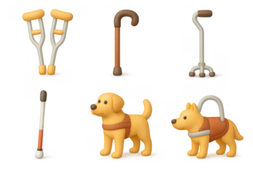 Collection of disability aid icons including crutches, walking cane, mobility dog for support design