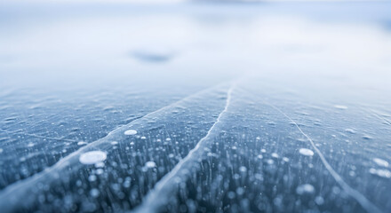 Frozen lake baikal ice surface with cracks and bubbles in winter