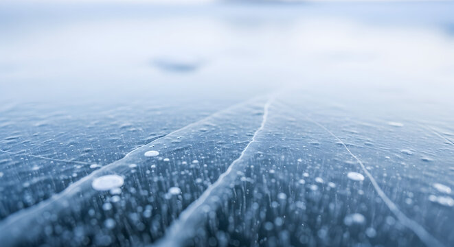 Frozen lake baikal ice surface with cracks and bubbles in winter