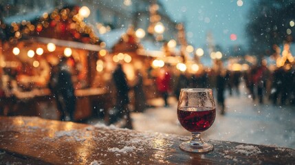 Hot Mulled Wine at Cozy Christmas Market Stall