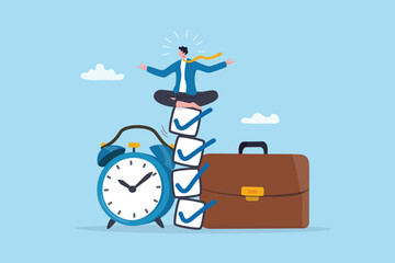 Reliability to finish mission, discipline responsibility, patient or routine for work accomplishment, mindset or motivation to success, businessman meditate on finish checklist with alarm clock.