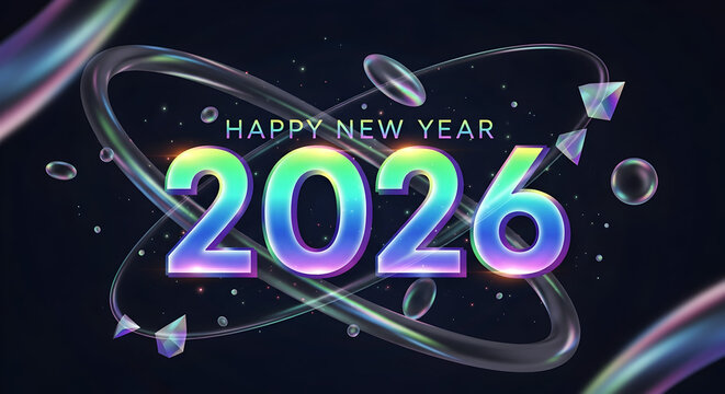 Happy new year 2026 with holographic numbers and abstract shapes