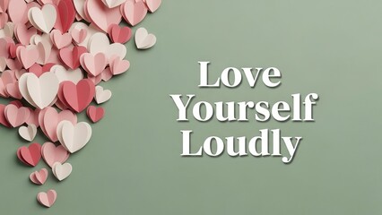 Paper hearts on a green background with the text love yourself loudly in white bold letters