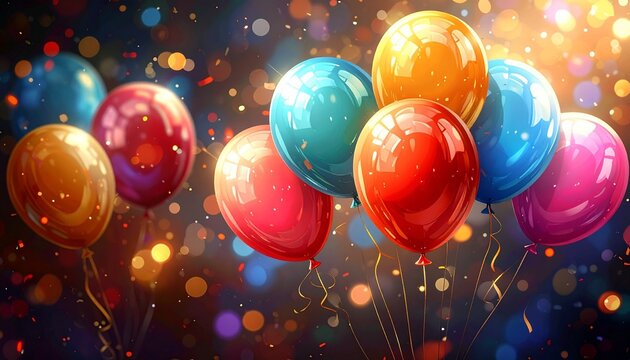 Nine colorful glittery balloons floating above sparkly surface, vibrant shades of red, orange, yellow, pink, purple, and blue, with festive bokeh light background evoking joyful celebration energy.