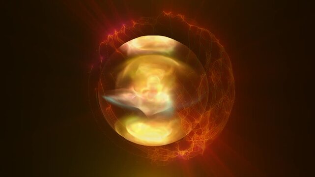 Fiery golden energy core swirling within a glowing orb, wrapped by translucent electric patterns
