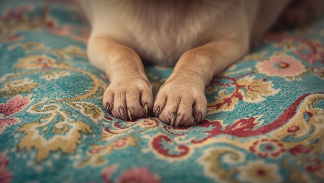 Small chihuahua paws on a paisley blanket, emphasizing pet comfort and domestic setting, World Animal Day