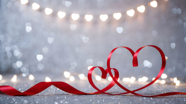 Red ribbon hearts on shimmering silver backdrop create a romantic celebratory Valentine's mood