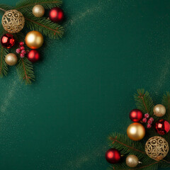 Elegant Christmas background with fir branches, red ornaments, and golden glitter on a dark green surface. Perfect holiday layout with copy space.