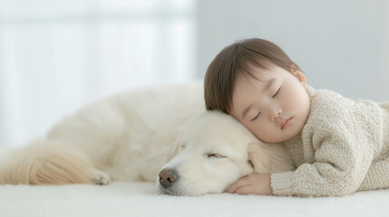 部屋の中で愛犬とお昼寝する赤ちゃん