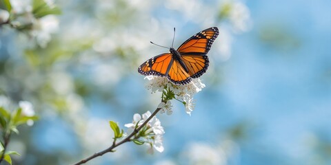 A vibrant butterfly with orange and black wings perched on white blossoms amid green foliage and blue sky, spring season, nature preservation day