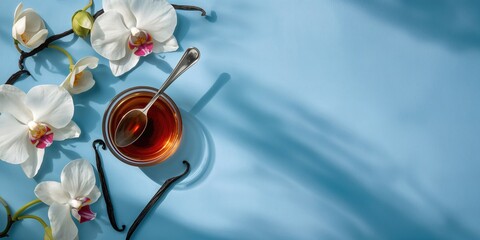 Naklejka premium Vanilla extract in a bowl with a spoon, vanilla pods and flowers on a blue background, used for culinary flavoring