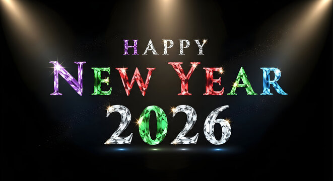 Happy new year 2026 celebration with colorful glowing text on black background