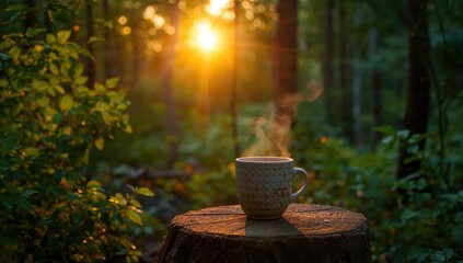 A cup of tea surrounded by a lush forest landscape during a sunset, promoting relaxation and tranquility