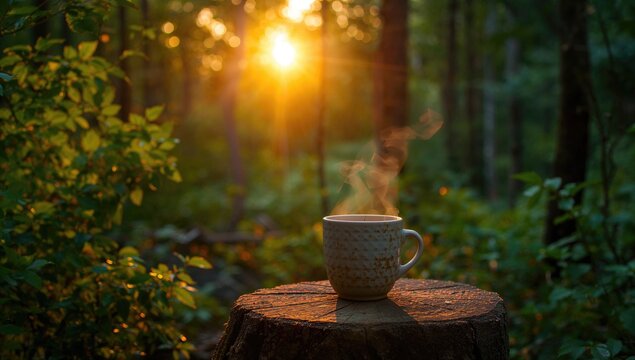 A cup of tea surrounded by a lush forest landscape during a sunset, promoting relaxation and tranquility - Powered by Adobe
