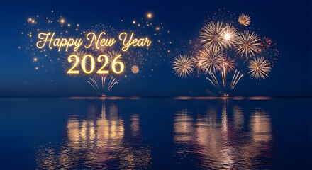 Happy new year 2026 fireworks over water reflection at night