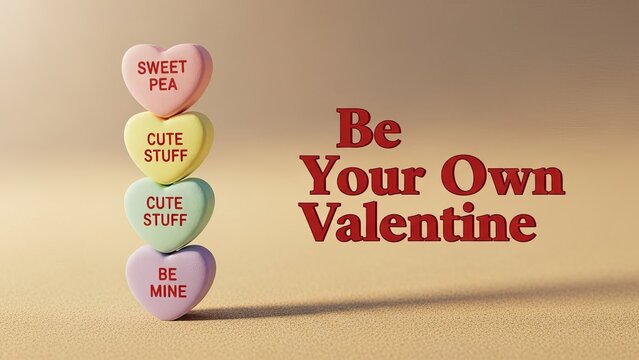 Stack of candy hearts with be your own valentine message on a beige colored background studio shot
