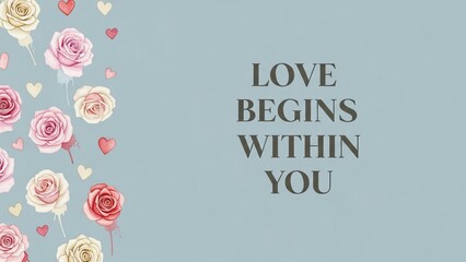Roses and hearts on blue background with love begins within you inspirational message centered right